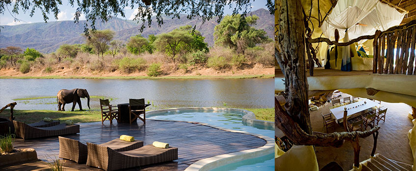 A split scene of an elephant on the banks of the Zambezi near a shaded swimming pool, and the interior of Chongwe River House, Lower Zambezi