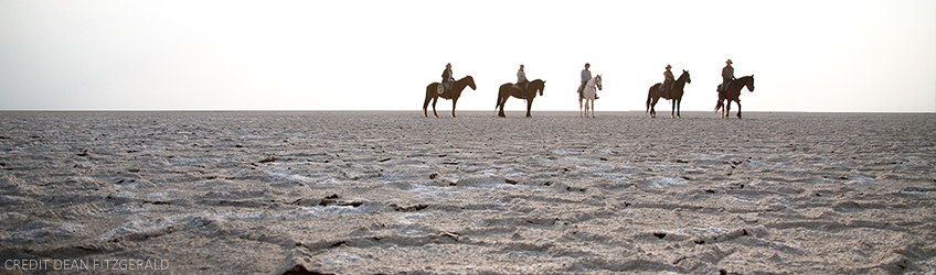 Five people horse riding across the Makgadkigadi Salt Pans in Botswana