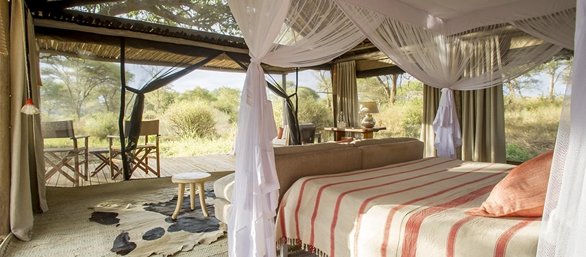 Inside a light-filled canvas suite, mosquito-draped beds and soft furnishings frame tranquil views into the surrounding bush.