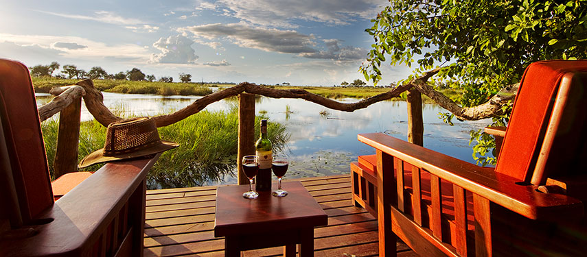 Private lagoon views from the deck at your tent at Kwando Lagoon
