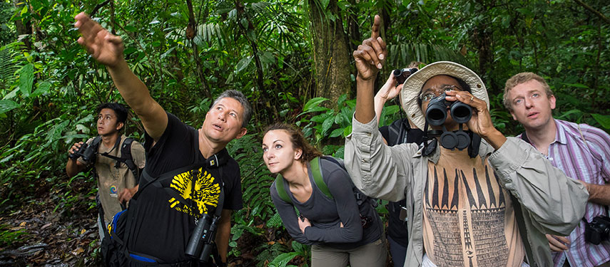 Group of tourists listens to a guide from La Selva Jungle Lodge as they explore the Amazon Rainforest.
