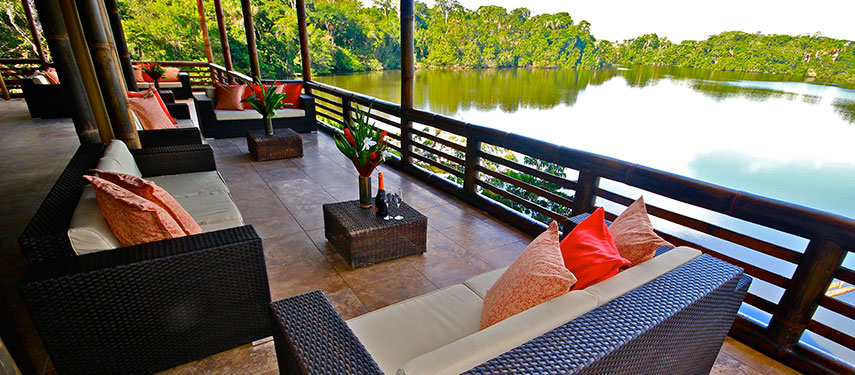 La Selva's lounge area with tranquil views across the Napo River