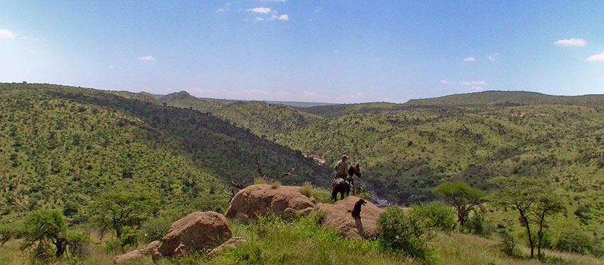 Lone horserider on a ridge in Ol Malo Reserve, Kenya