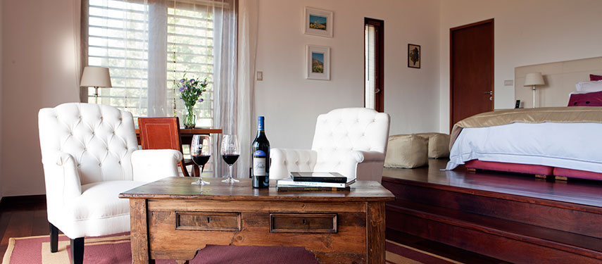 Sumptuous suite at a luxurious lodge in Chile's wine region.
