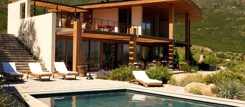 Luxurious pool at Clos Apalta Residence in Chile's wine region.