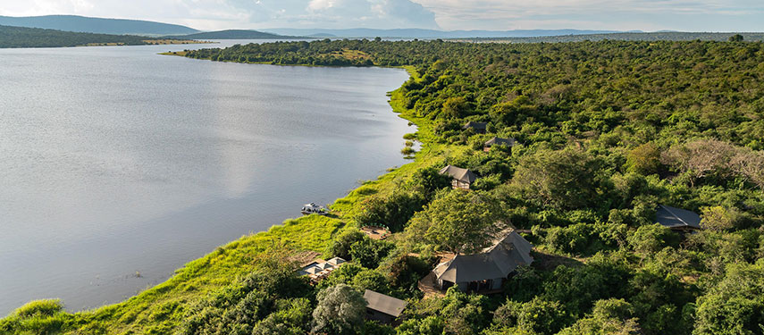 Aerial view of Magashi Camp at the banks of Lake Rwanyakazinga