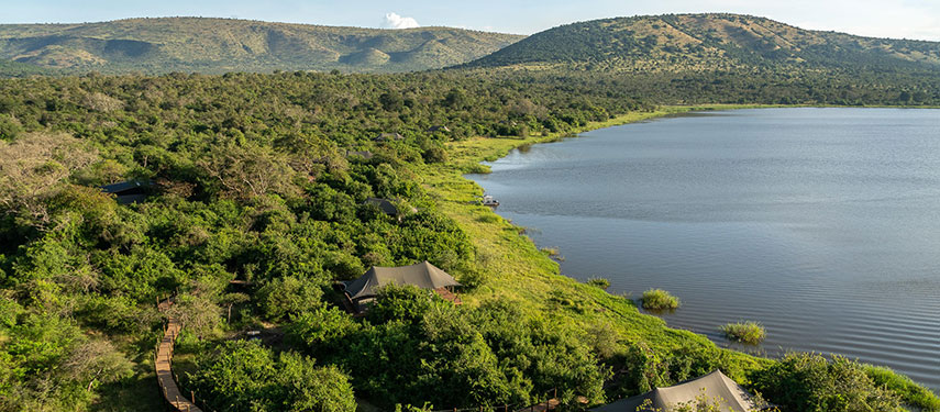 Stunning aerial view of Lake Rwanyakazinga, Akagera National Park, Rwanda