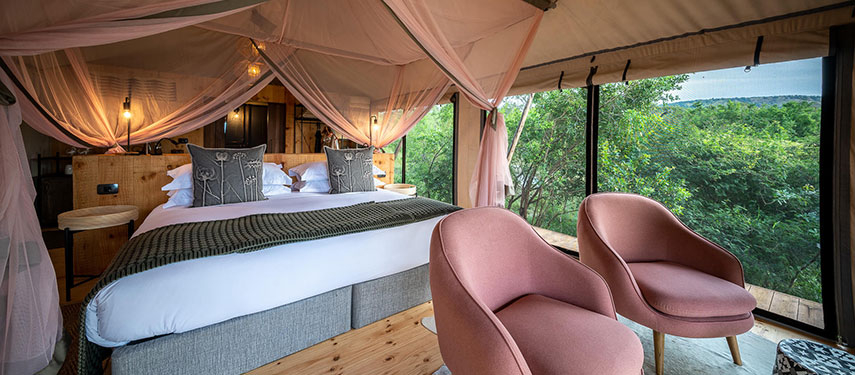 Luxurious yet cosy double suite at Magashi safari camp in Rwanda