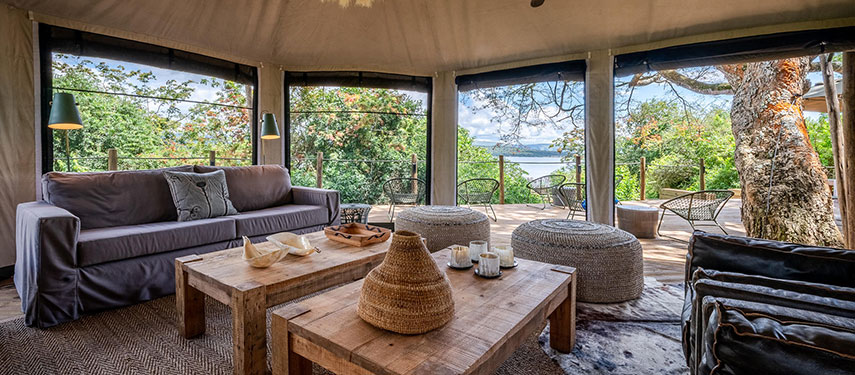 Magashi Camp lounge with superb wilderness and lake views