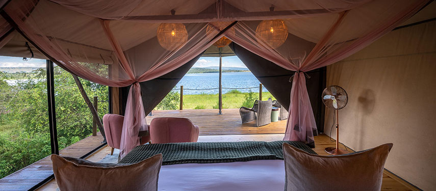 Magashi Camp double suite with incredible views across Lake Rwanyakazinga