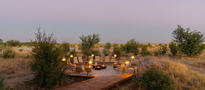 Mokete safari camp boma and campfire in Botswana's Mababe region