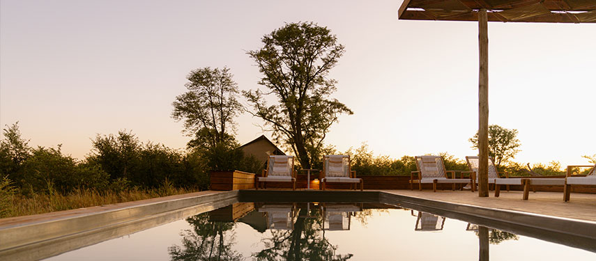 Lap pool and sun loungers at a luxurious safari camp in Botswana