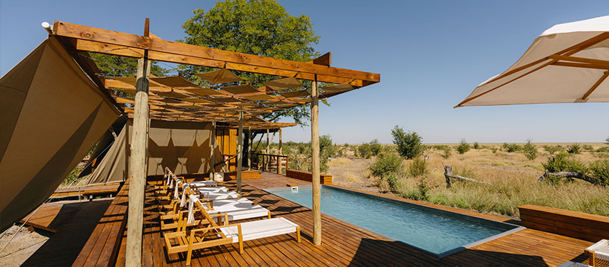 Lap pool and sun loungers at a luxurious safari camp in Botswana