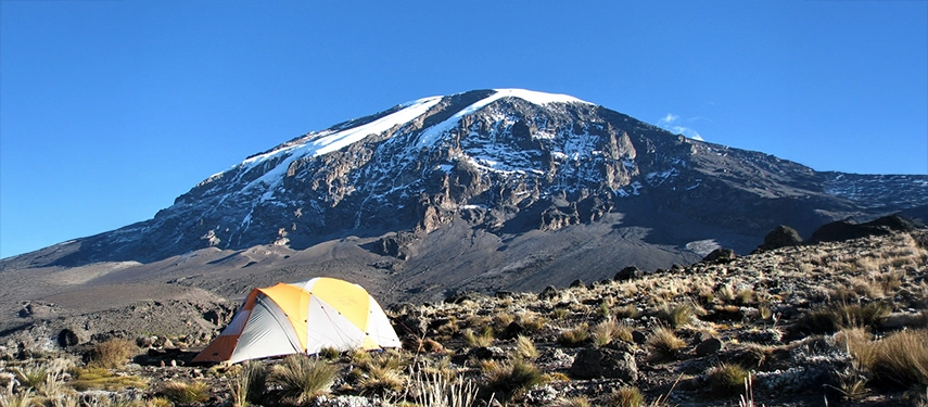 Yellow and orange expedition tent pitched below the snow-streaked southern face of Mount Kilimanjaro.