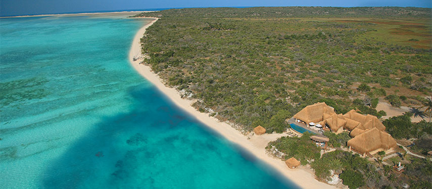 Aerial view of Azura Benguerra located right on the water on a small archipelago in Mozambique
