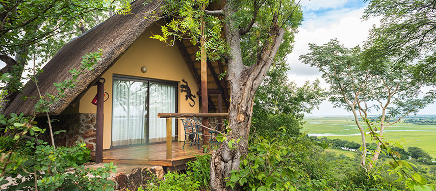 Luxury chalet high on an escarpment overlooking the Chobe River at Muchenje Safari Lodge, Botswana