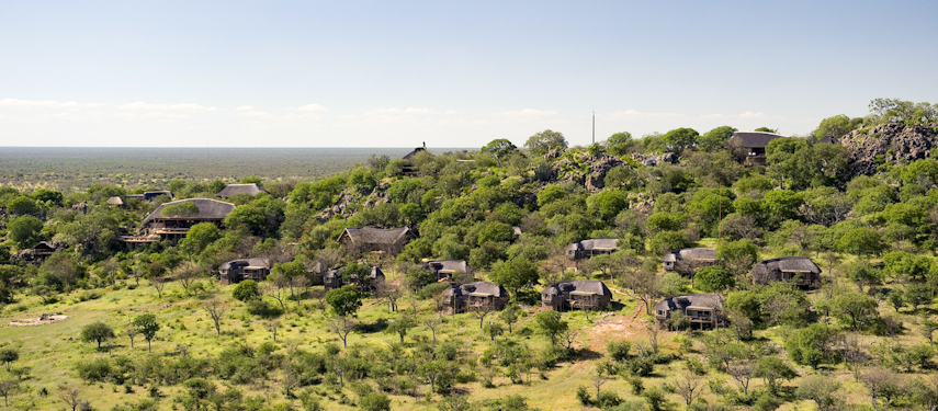 Aerial view of Ongava Lodge perched close to the top of a hill
