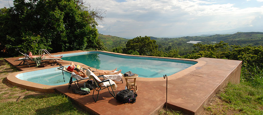 Panoramic views of the Rwenzori Mountains from the pool at Ndali Lodge