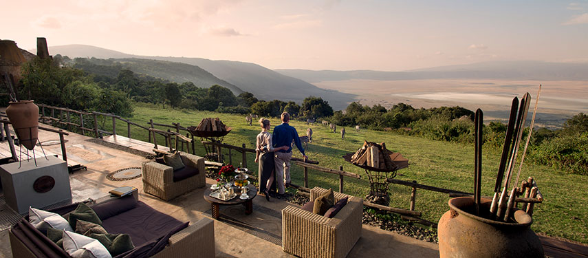 Sublime views over the Ngorongoro Crater from the deck at Ngorongoro Crater Lodge