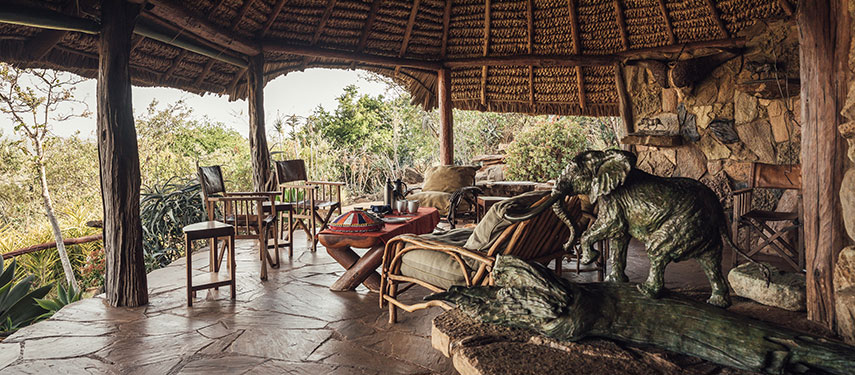 Thatched terrace at Ol Malo Lodge, with amazing bush views of Kenya