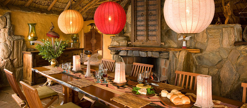 The African inspired dining room is the perfect place to get together for a meal at Ol Malo House