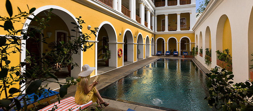 Pool at the colonial inspired Palais De Mahe Hotel in the French Quarter of Pondicherry