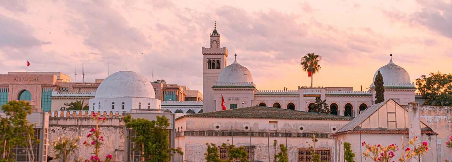Panoramic Medina skyline with domes and minarets glowing at sunset.