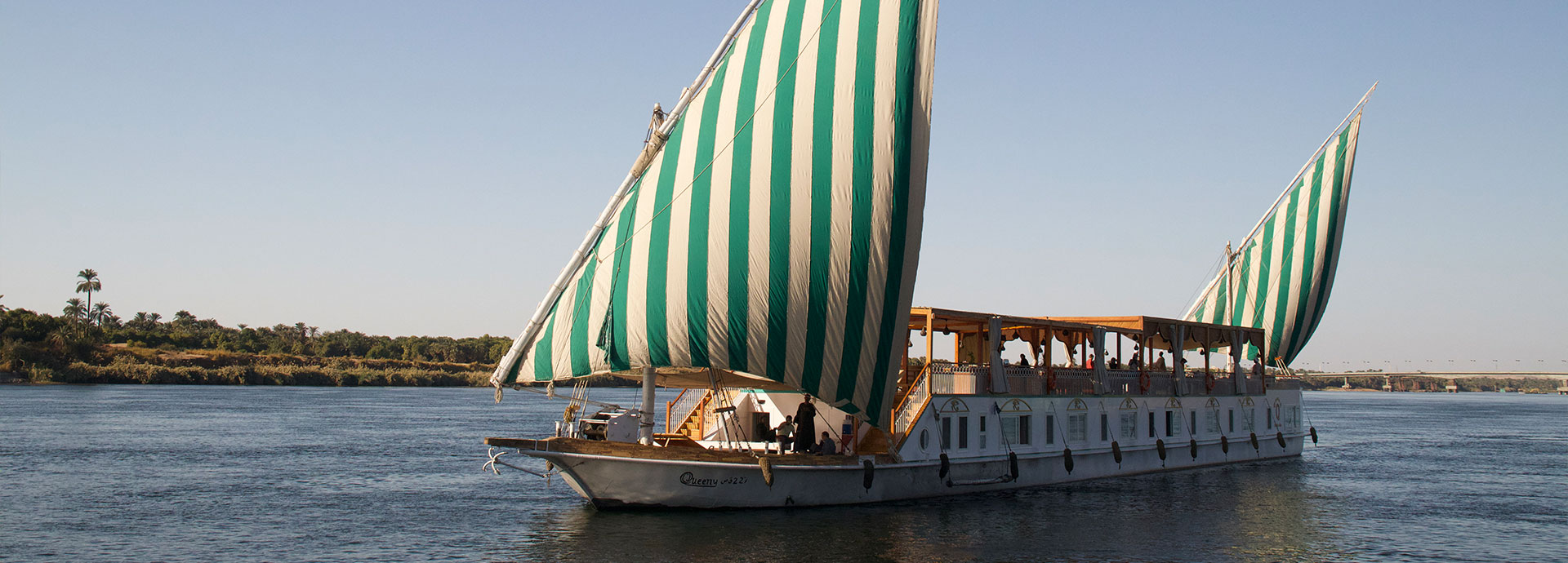 Queeny Of The Nile luxury dahabeya boat sailing on the Nile in Egypt.