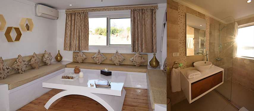 Lounge and en suite bathroom on Queeny Of The Nile luxury cruise ship on the Nile