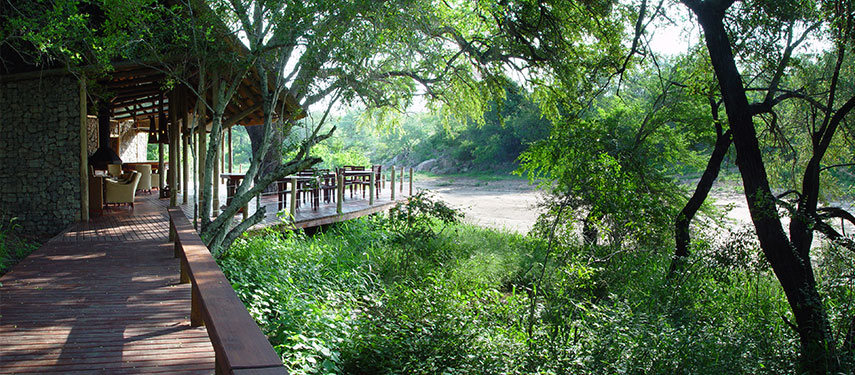 View of a dry creek bed from the deck at Rhino Post Safari Lodge in Kruger National Park