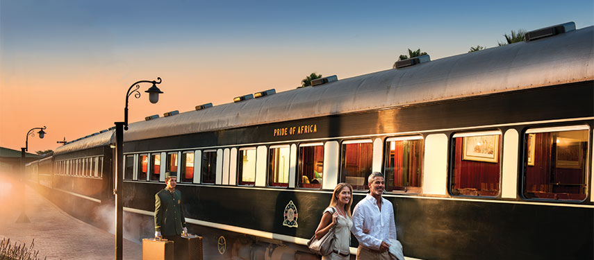 Rovos rail train stopped at the platform during sunset for passengers debarkation