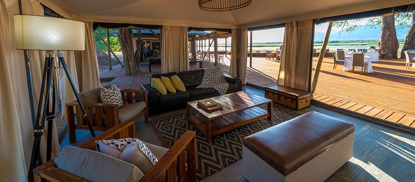 Lunge area at Ruckomechi safari camp, Mana Pools National Park, Zimbabwe