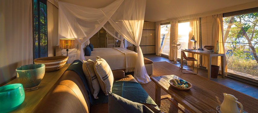 Luxurious tented suite at Ruckomechi safari camp in Mana Pools National Park, Zimbabwe