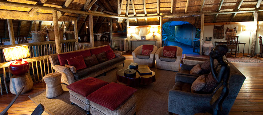 Classic safari lodge lounge area at Savuti Camp, Botswana