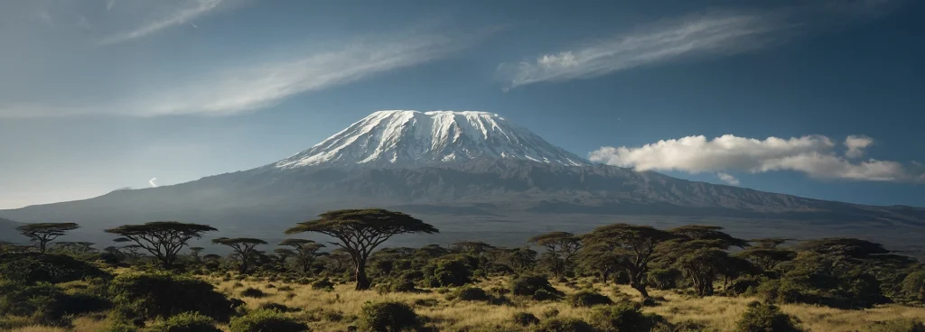 Mount Kilimanjaro illuminated under a deep blue night sky, framed by trees and savannah in northern Tanzania.