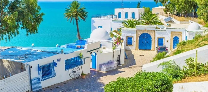 Classic Sidi Bou Said scene with whitewashed houses, blue doors, domed rooftops, and views over the Mediterranean.