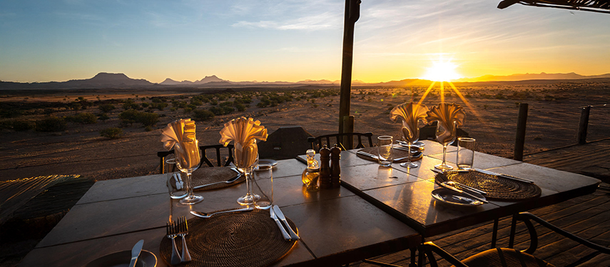 Sunset Desert Dining Table Setting at Doro Nawas, Damaraland, Namibia