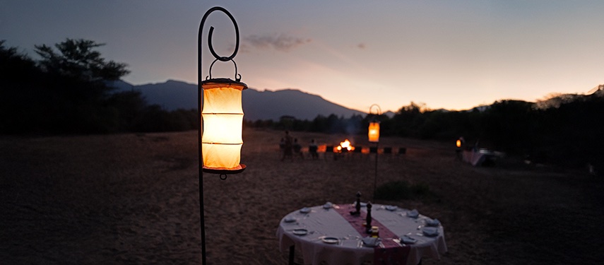 Sunset Outdoor Dining Lantern Campfire Scenic Landscape
