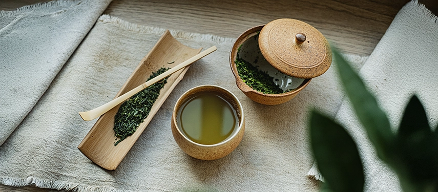 A serene Japanese tea setting with loose green tea leaves and ceramic vessels, evoking calm, ritual and mindful tradition.
