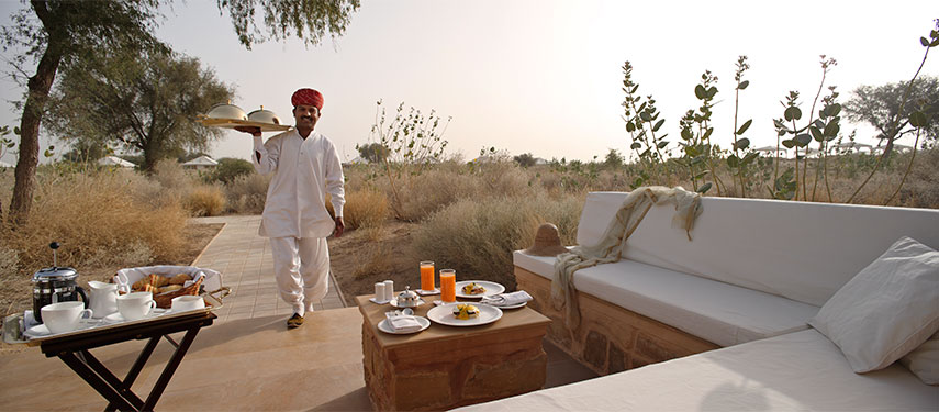 A private breakfast is served at Sujan's The Seria outside Jaisalmer on the edge of the Thar Desert in India