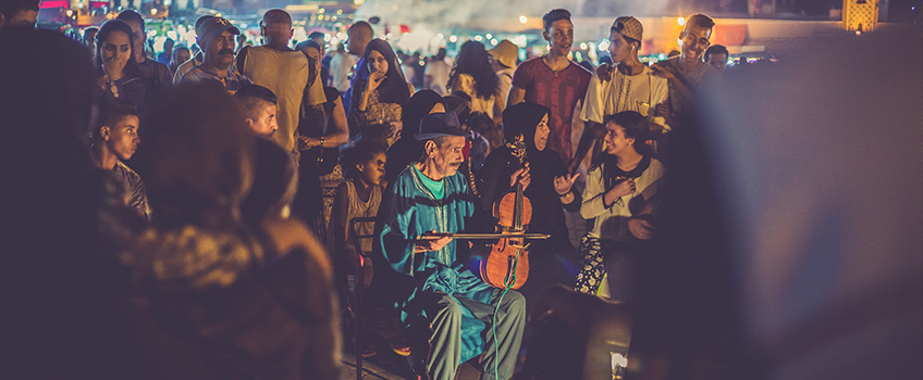A musician with a crowd in Jemaa el-Fnaa, Marrakech