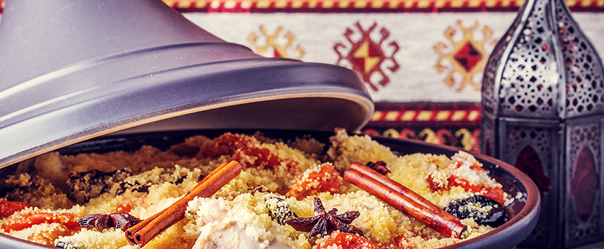 A traditional Moroccan tagine, with local spices including cinnamon and star anise.