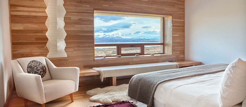 Tierra Patagonia Hotel guest rooms have sweeping views of the Torres del Paine National Park in Chile.