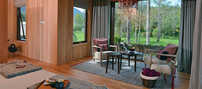 Sumptuous private living room in a suite at Hotel Vira Vira in Patagonia, Chile