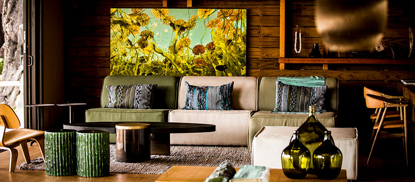 Luxurious lounge area at Vumbura Plains safari lodge in Botswana's Okavango Delta