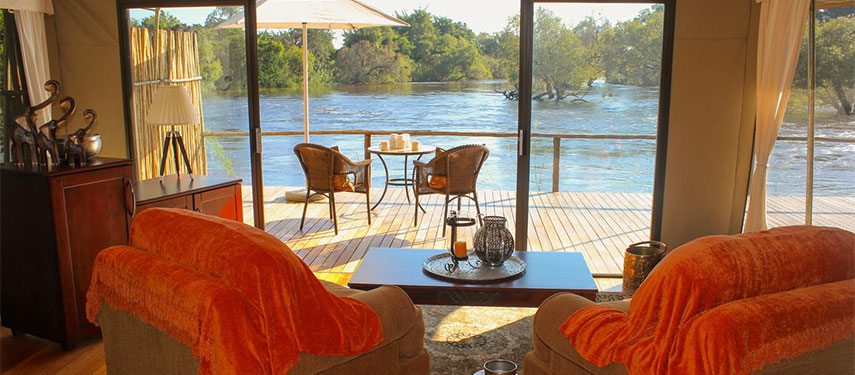 Zambezi River views from luxury tents at Zambezi Sands in Zimbabwe